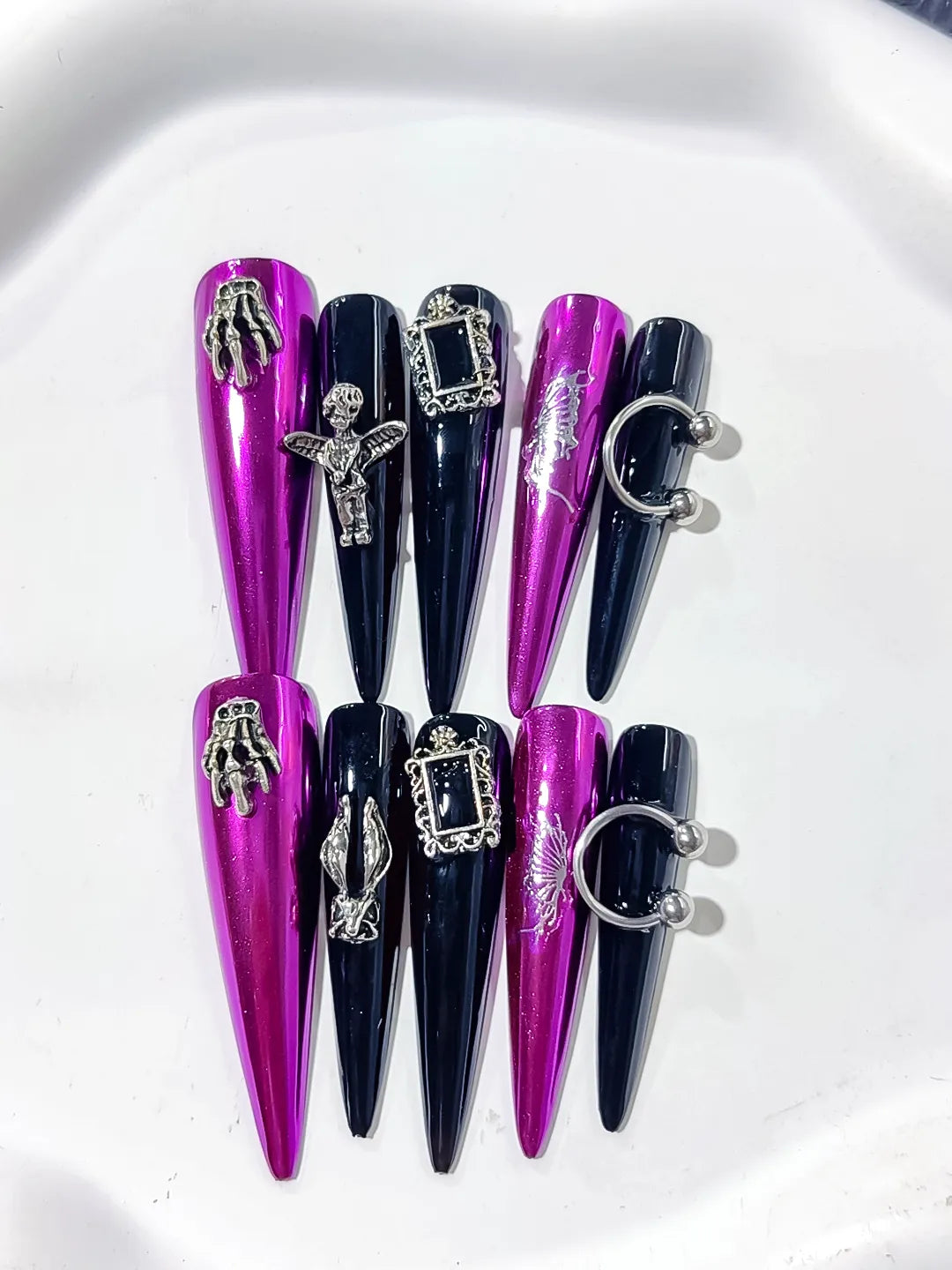 L101 - Long Pink Black Stiletto Metallic Dragonfly Frame Charm