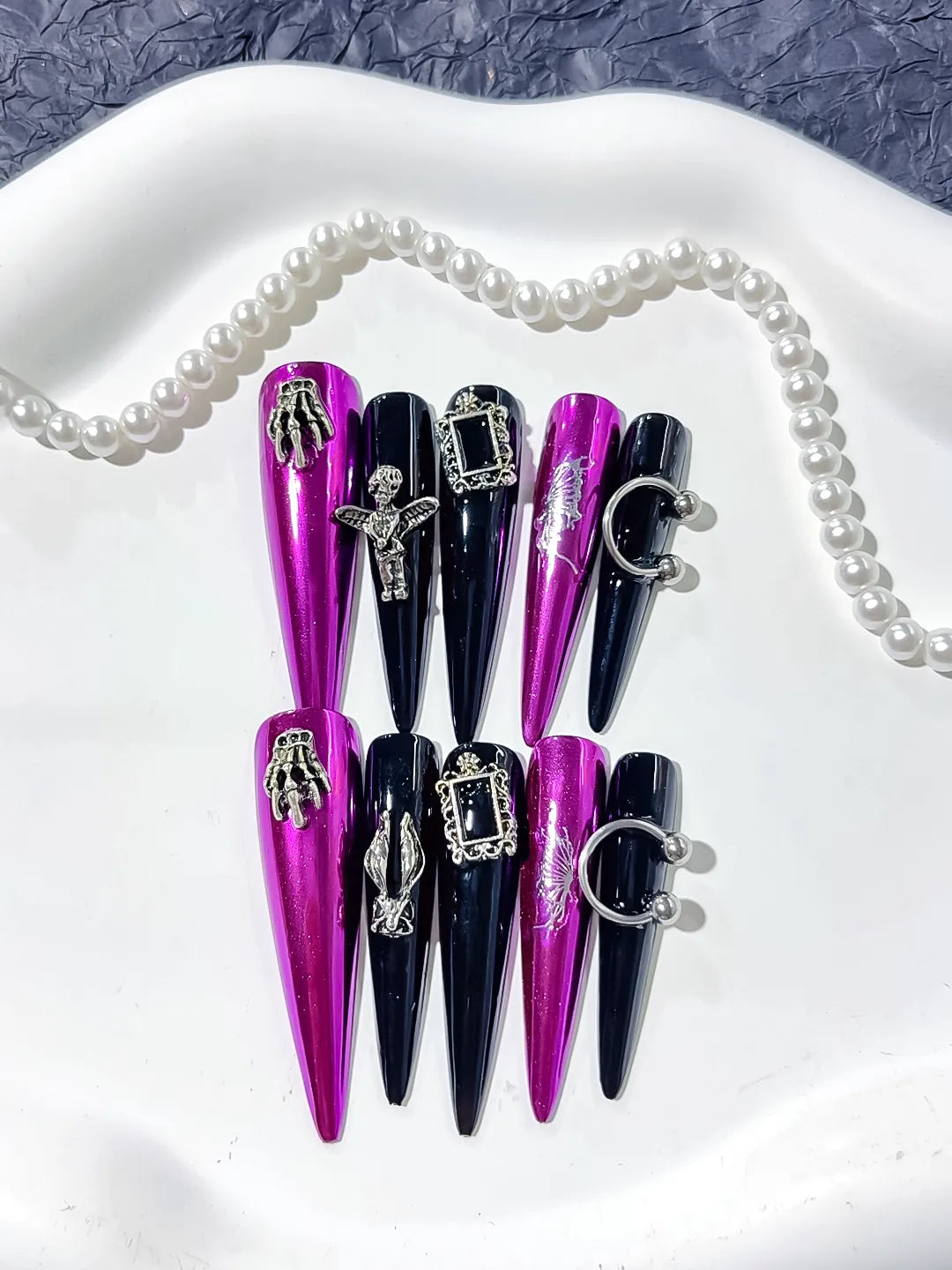 L101 - Long Pink Black Stiletto Metallic Dragonfly Frame Charm