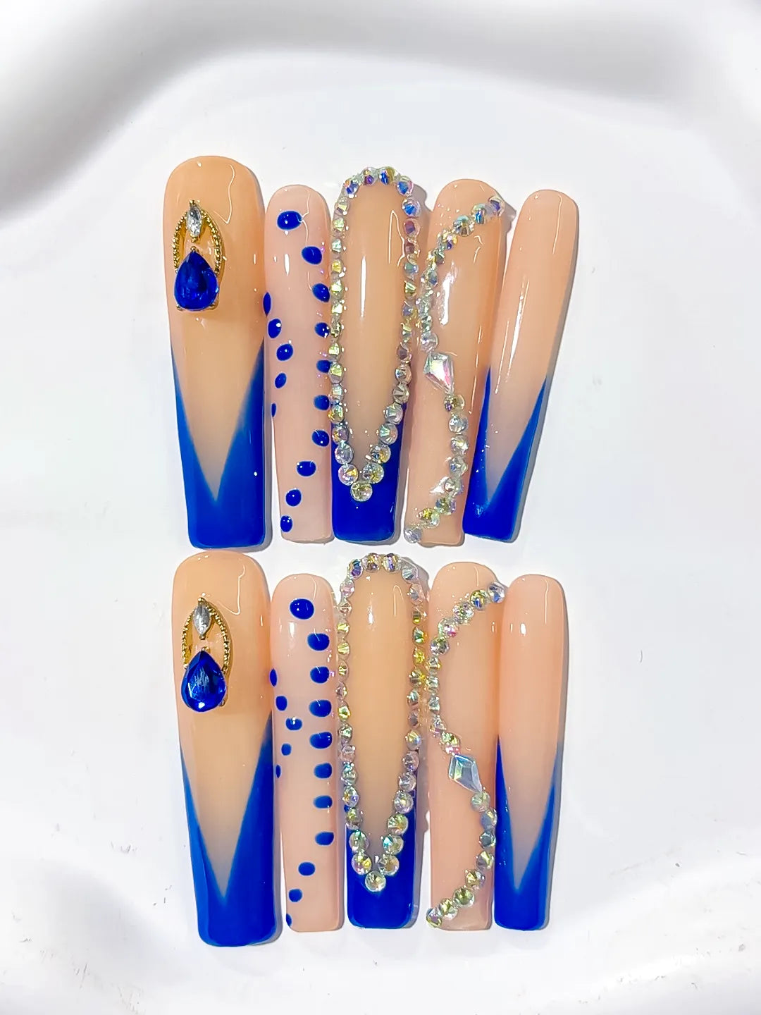 L102 - Long Nude Blue Square French tip Rhinestone