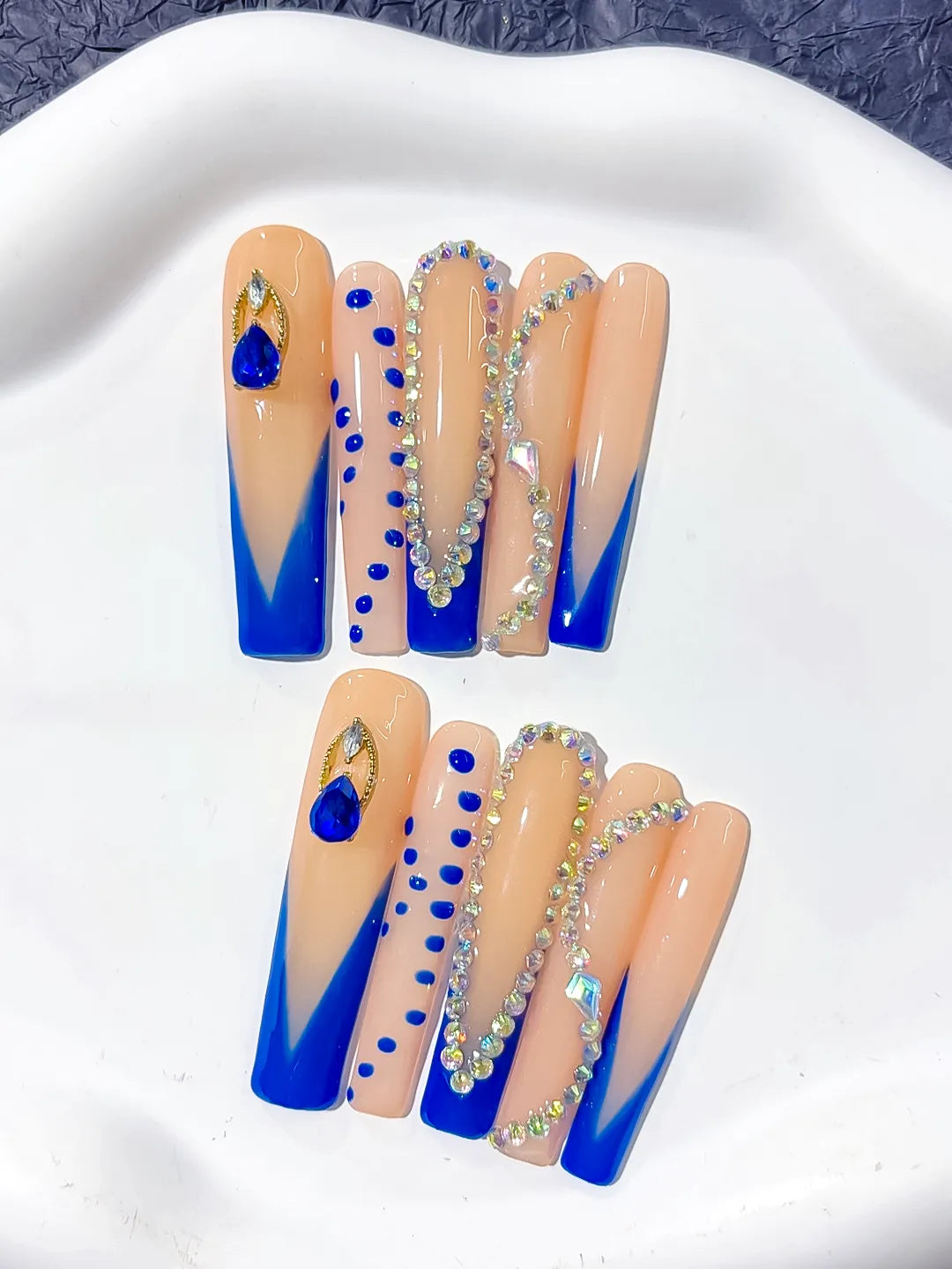 L102 - Long Nude Blue Square French tip Rhinestone