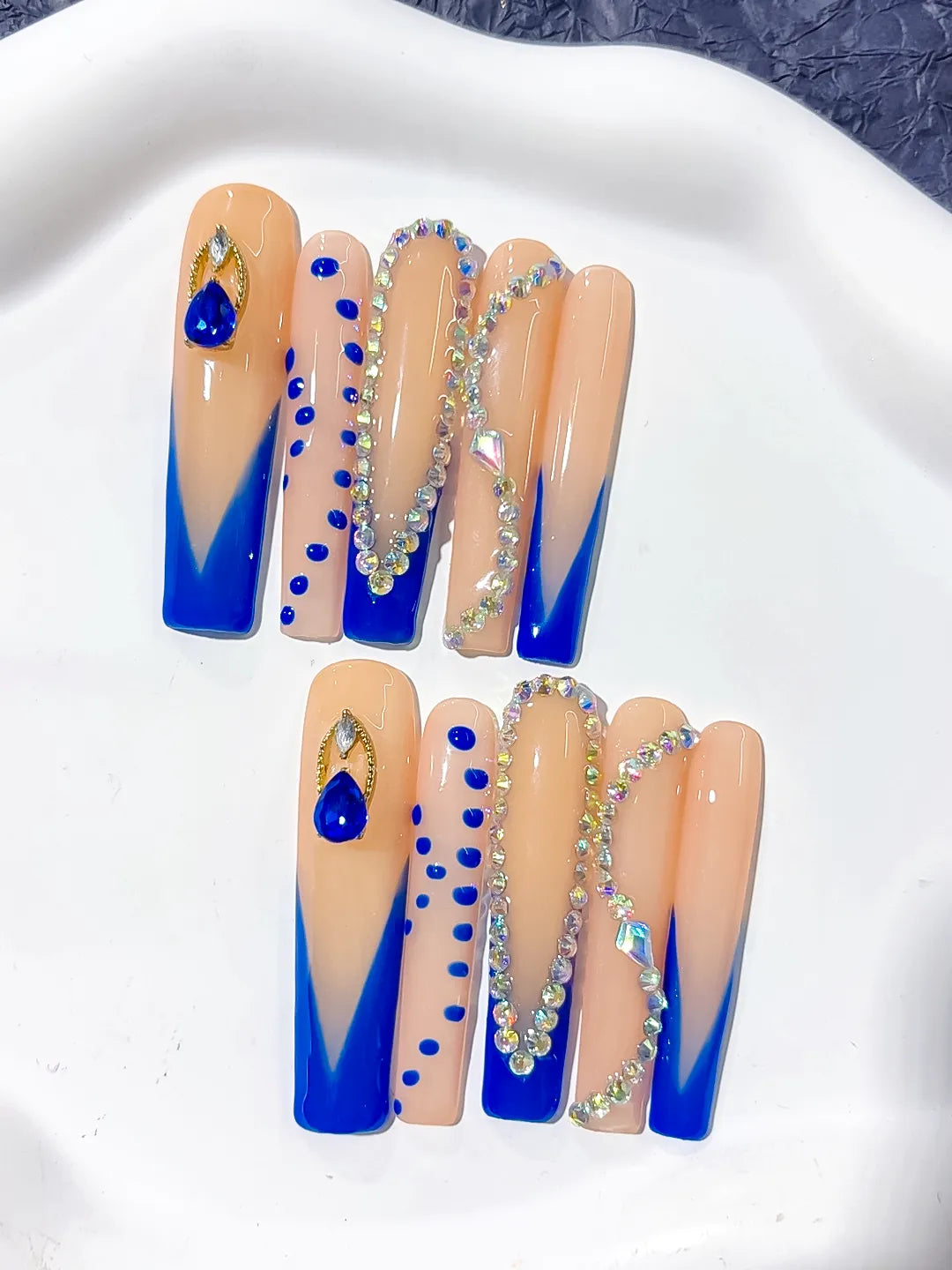 L102 - Long Nude Blue Square French tip Rhinestone