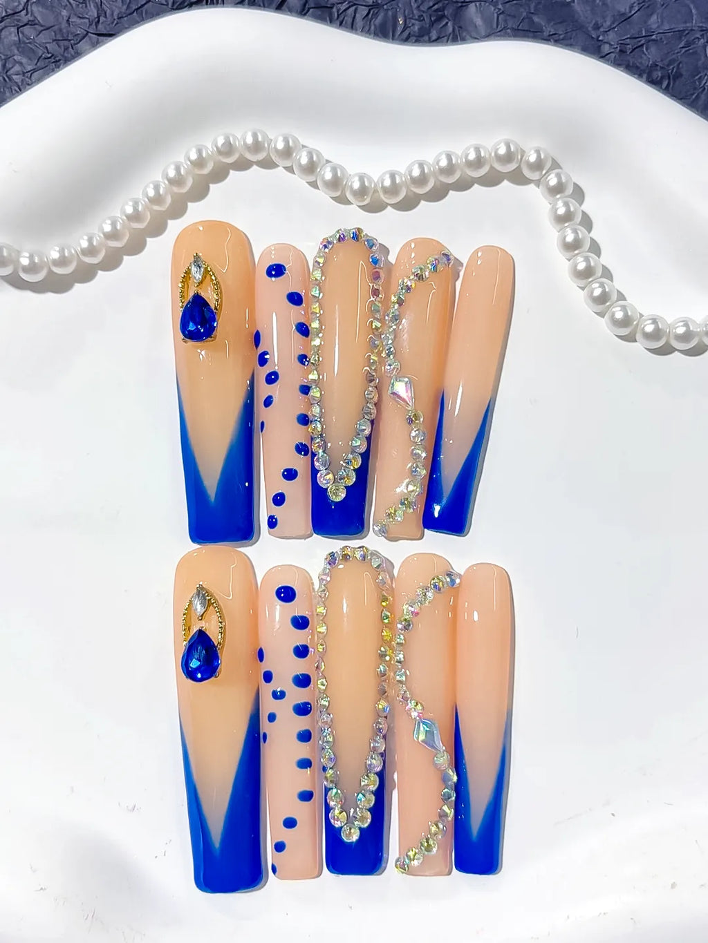 L102 - Long Nude Blue Square French tip Rhinestone