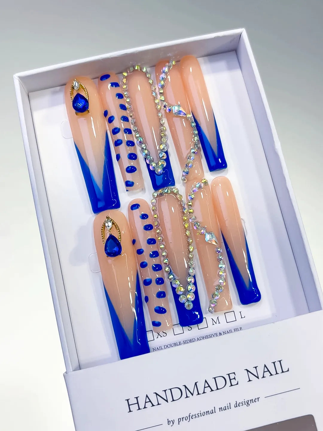 L102 - Long Nude Blue Square French tip Rhinestone