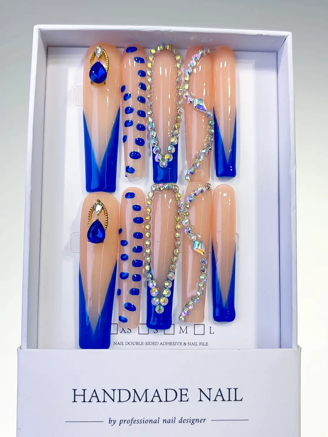 L102 - Long Nude Blue Square French tip Rhinestone