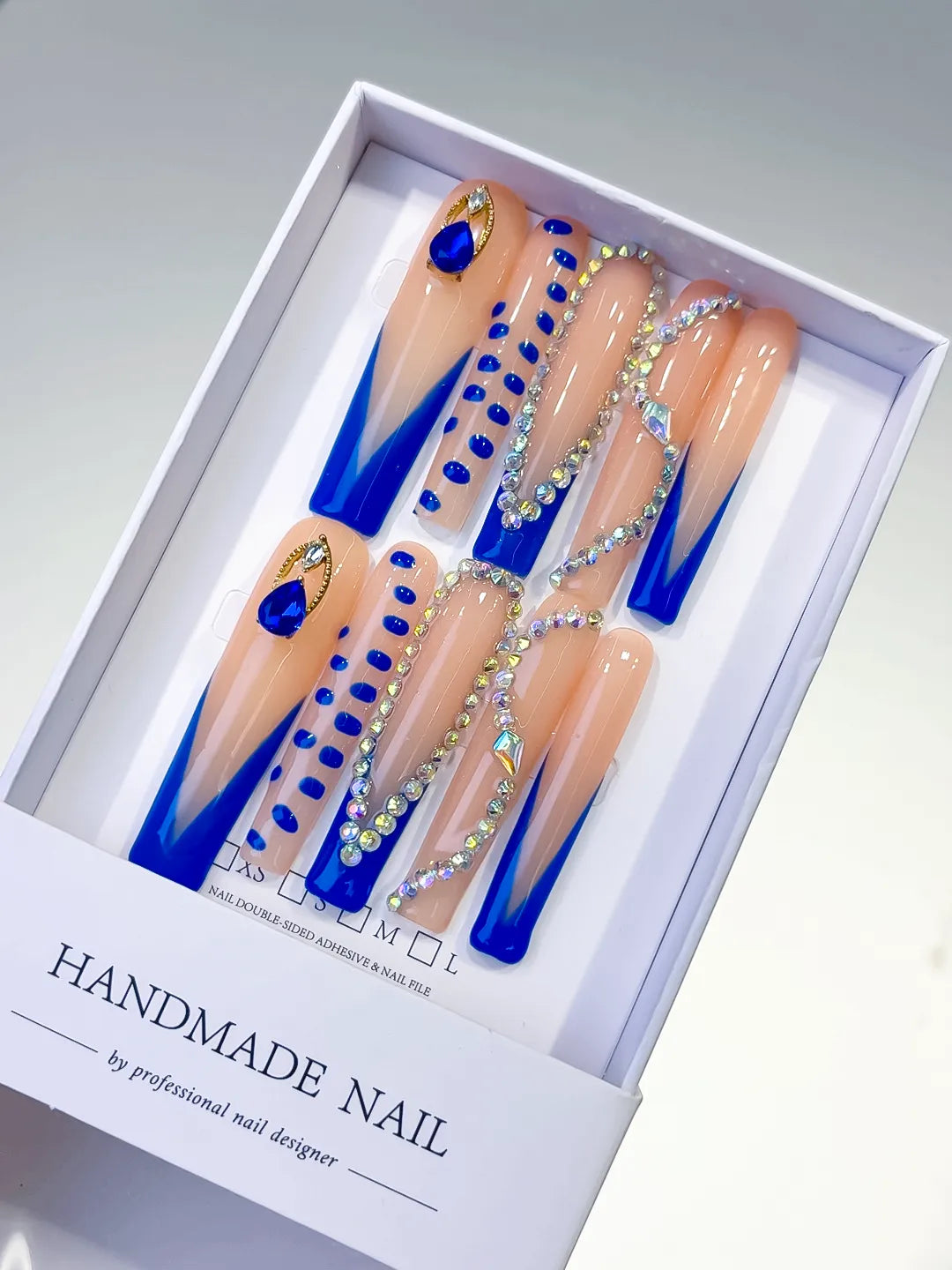 L102 - Long Nude Blue Square French tip Rhinestone