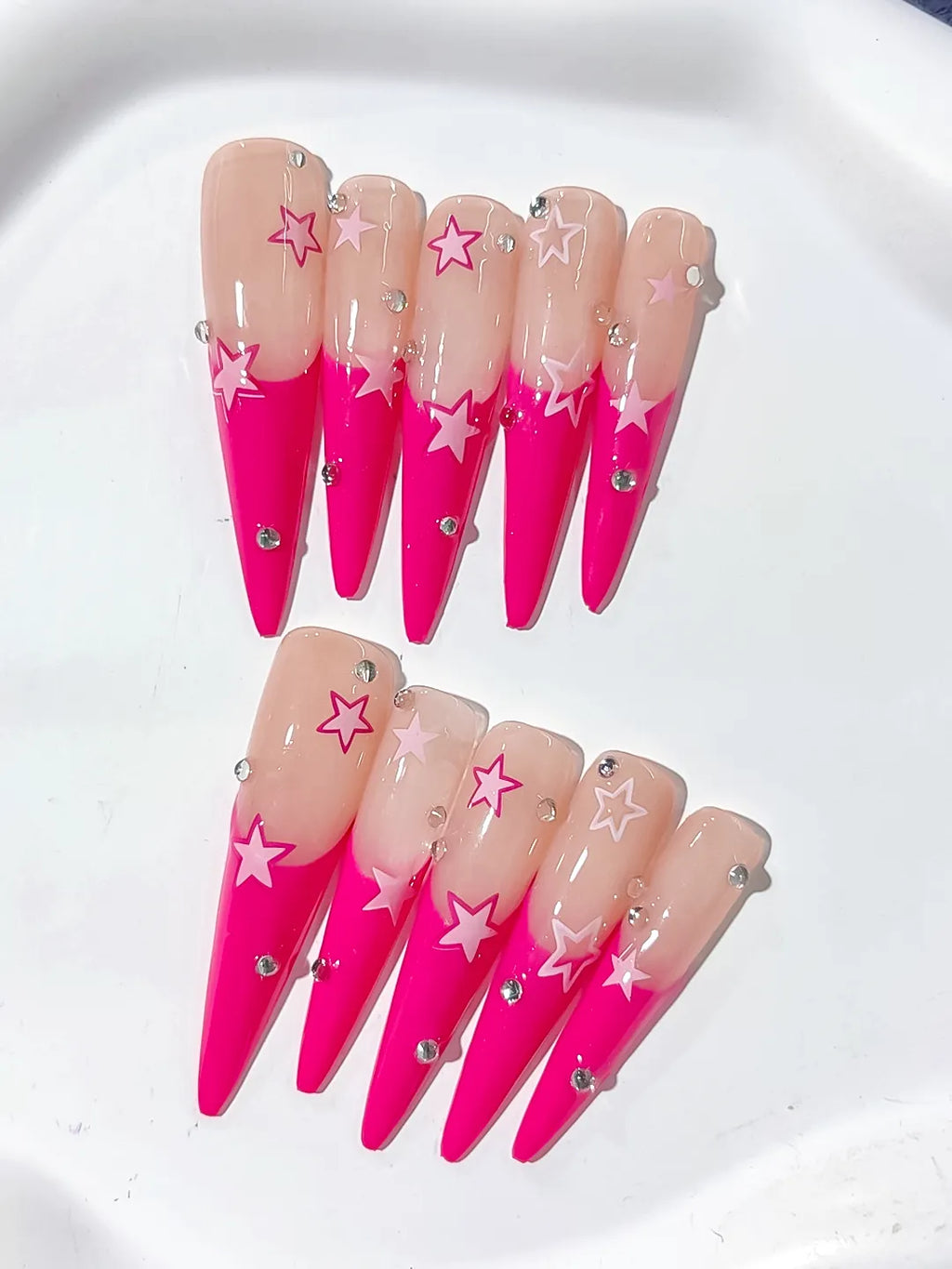 L103 - Long Nude Pink Stiletto French tip Rhinestone