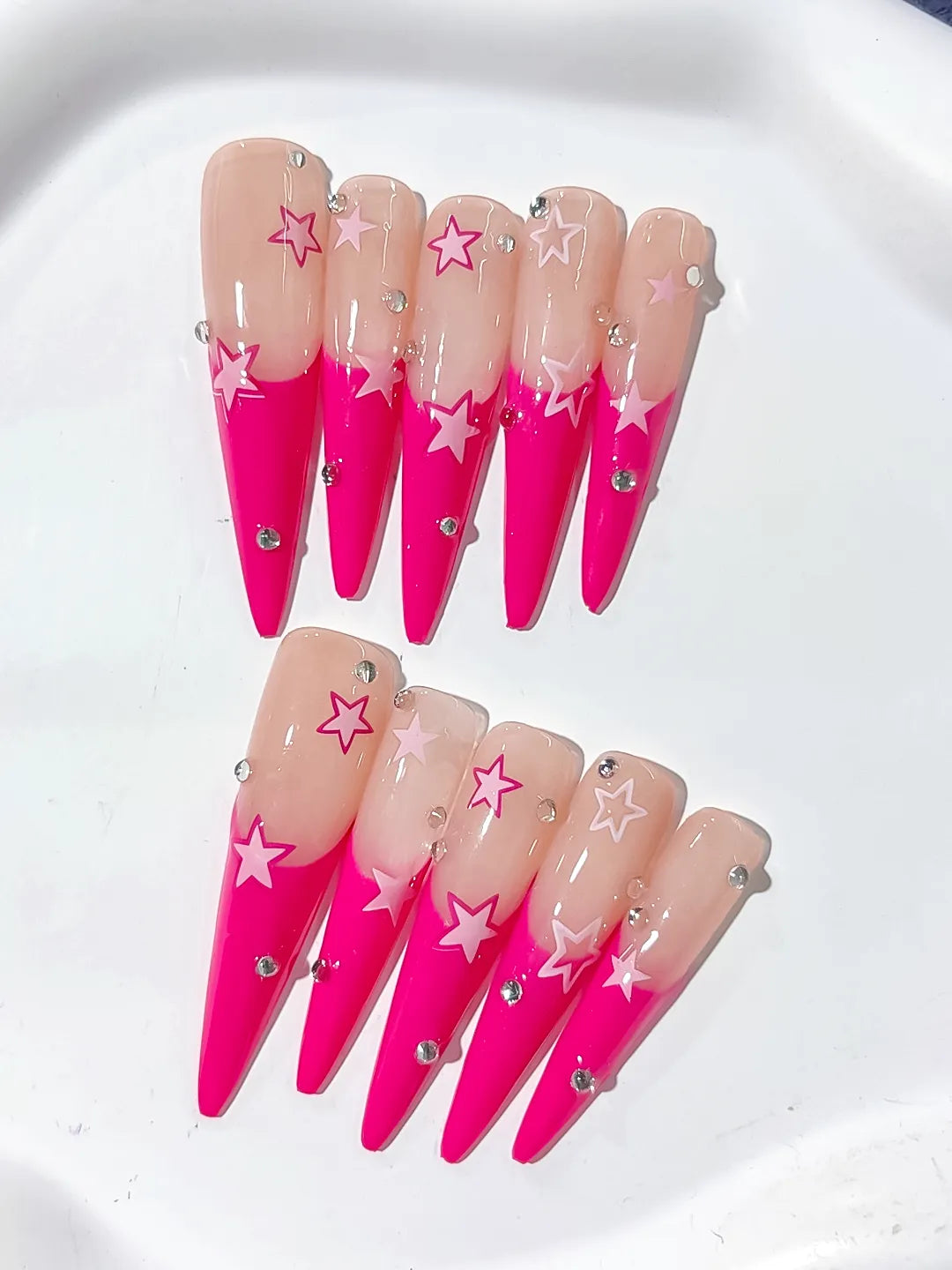 L103 - Long Nude Pink Stiletto French tip Rhinestone