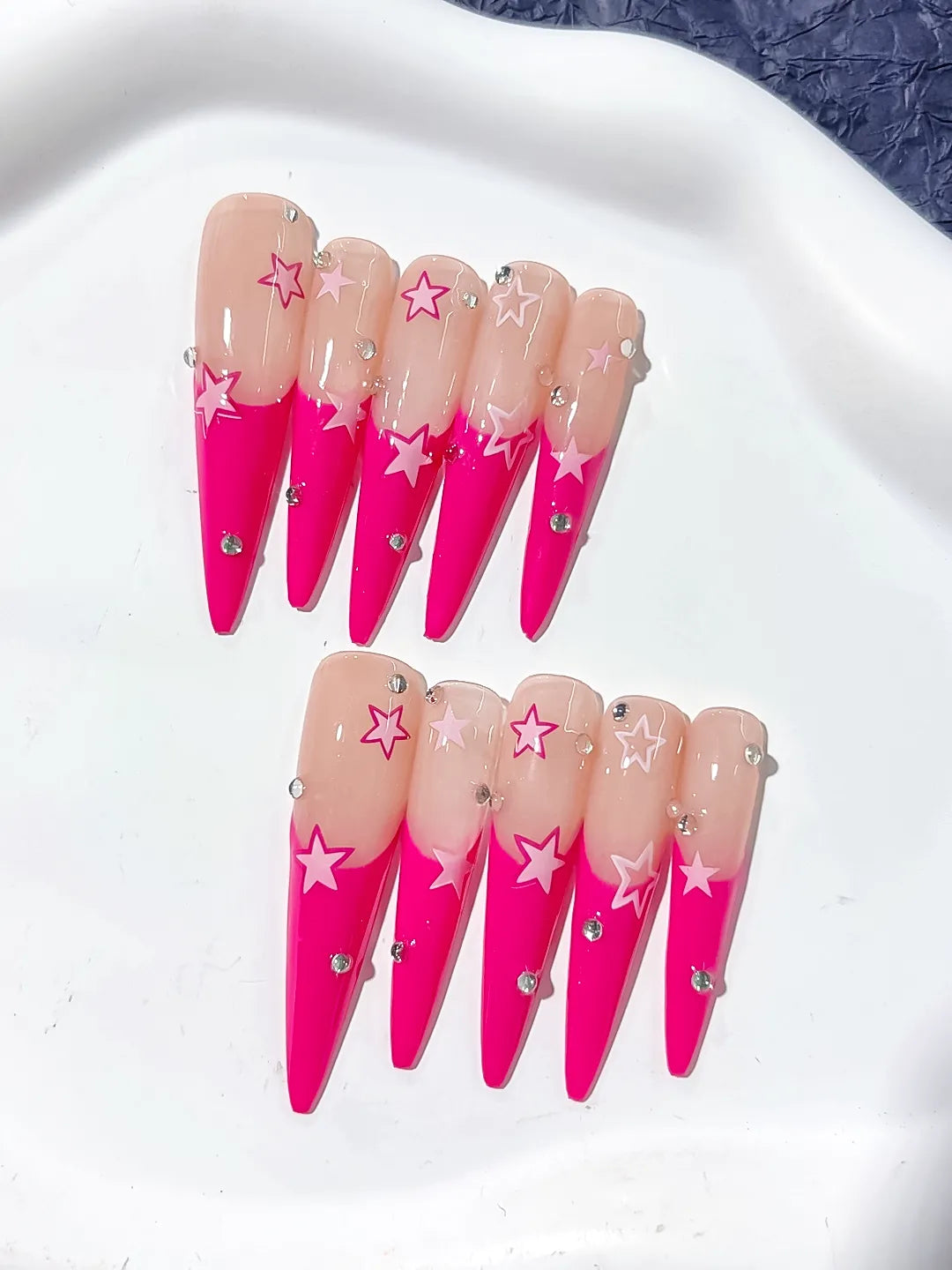 L103 - Long Nude Pink Stiletto French tip Rhinestone