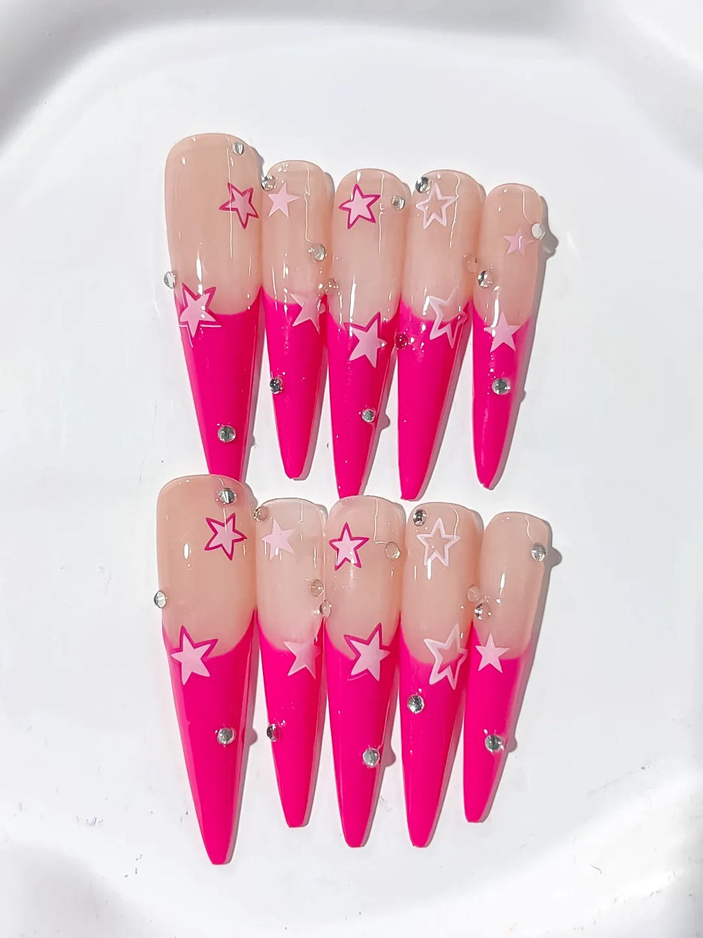 L103 - Long Nude Pink Stiletto French tip Rhinestone