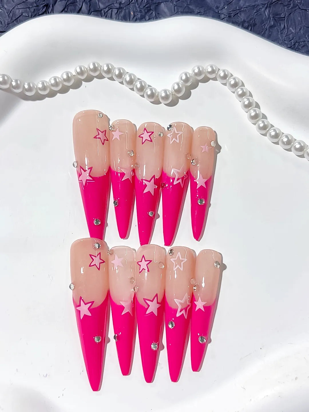 L103 - Long Nude Pink Stiletto French tip Rhinestone