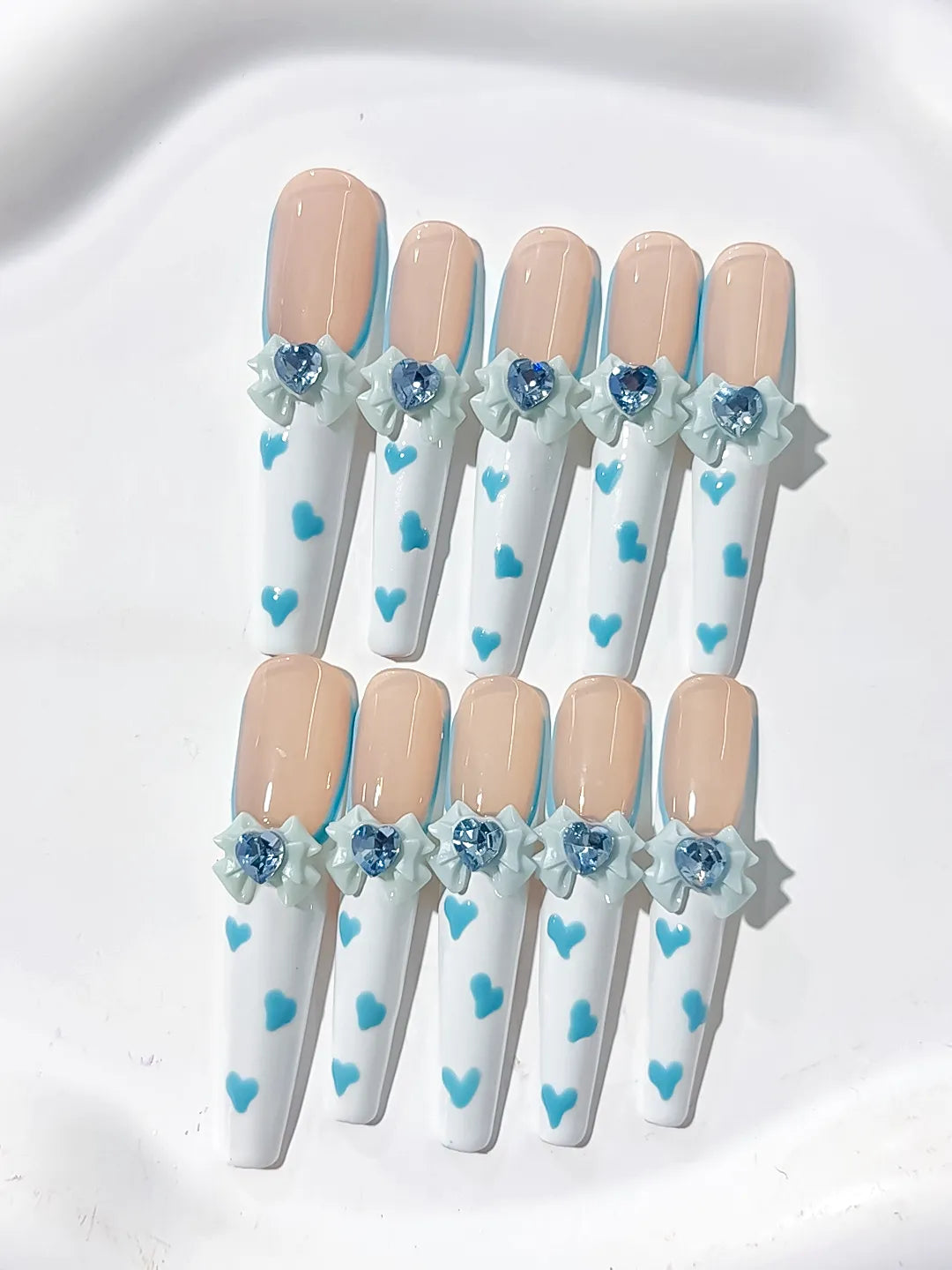 L105 - Long Nude White Coffin French tip Bow Flower
