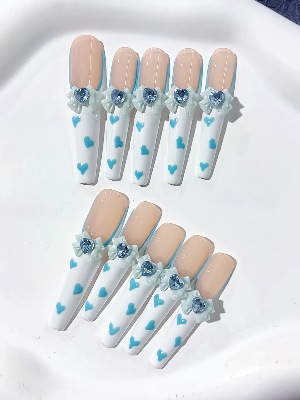 L105 - Long Nude White Coffin French tip Bow Flower