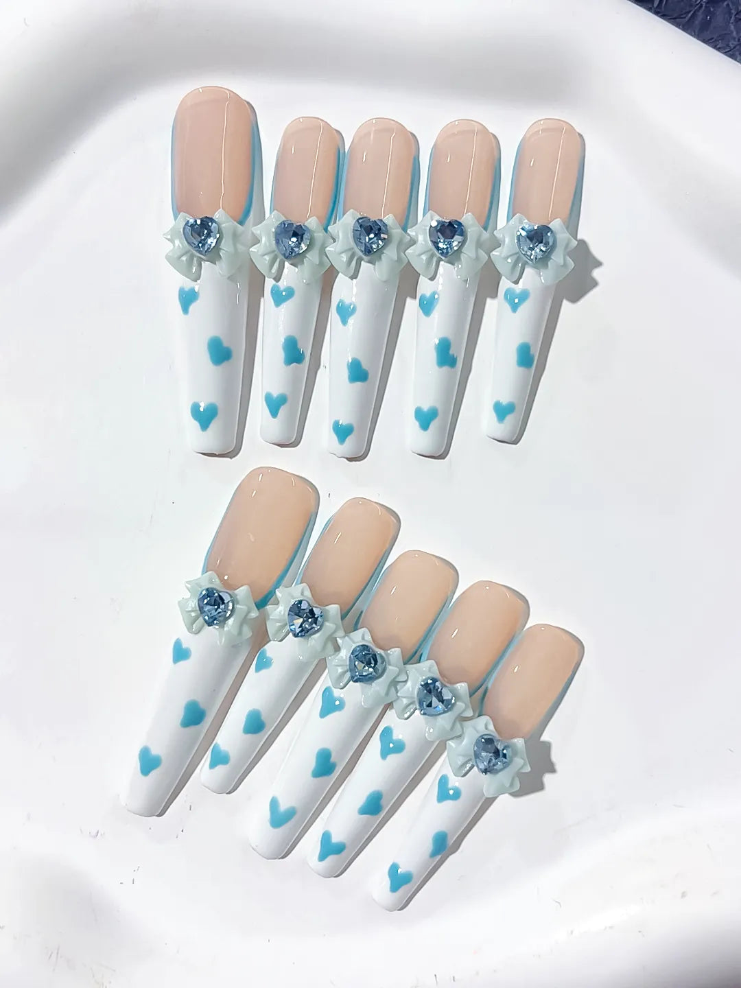 L105 - Long Nude White Coffin French tip Bow Flower