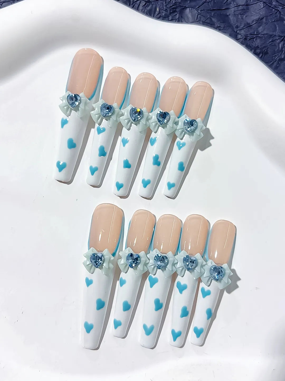 L105 - Long Nude White Coffin French tip Bow Flower