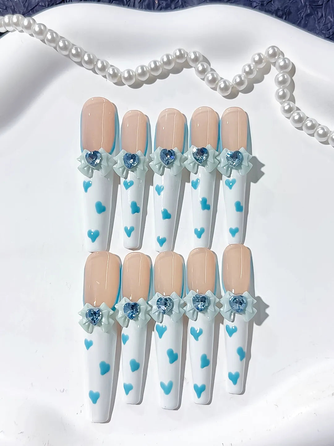 L105 - Long Nude White Coffin French tip Bow Flower