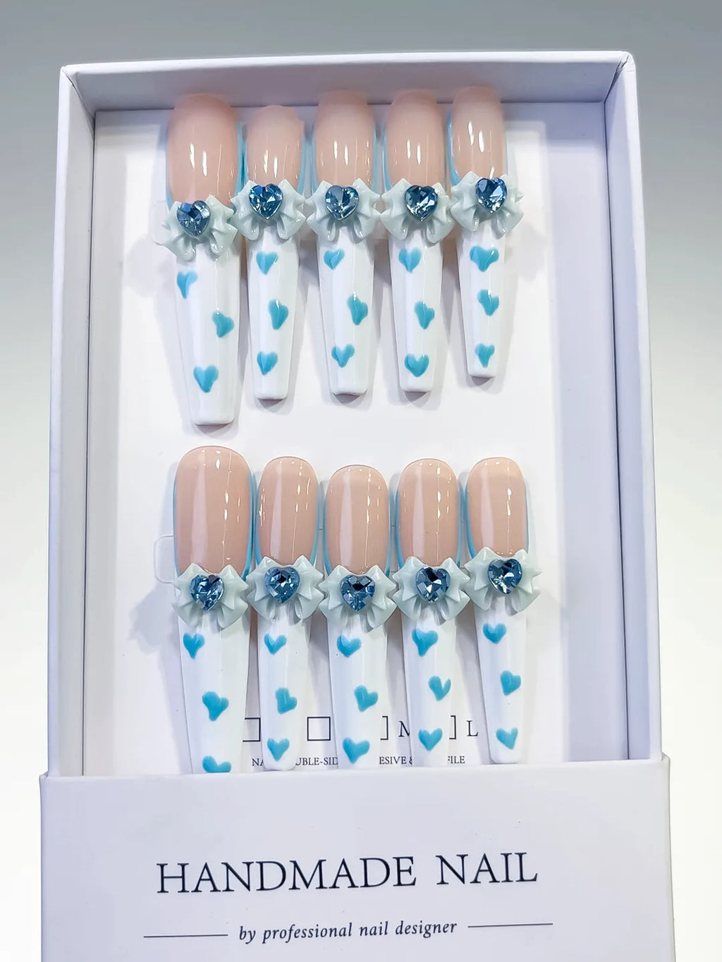 L105 - Long Nude White Coffin French tip Bow Flower