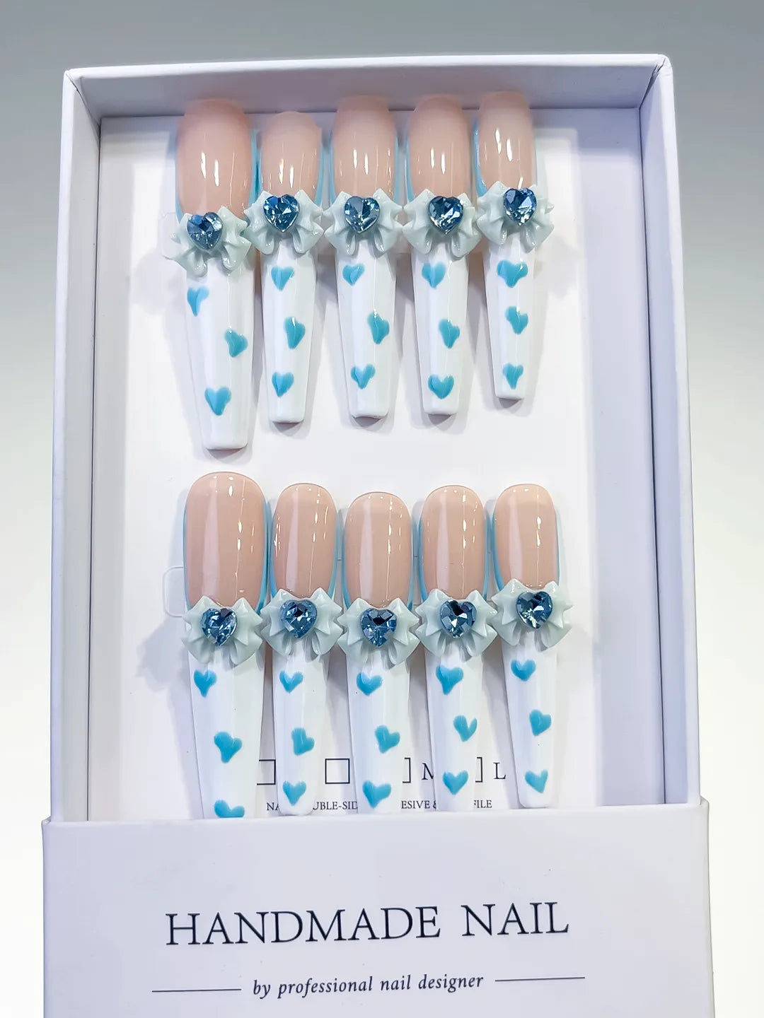 L105 - Long Nude White Coffin French tip Bow Flower