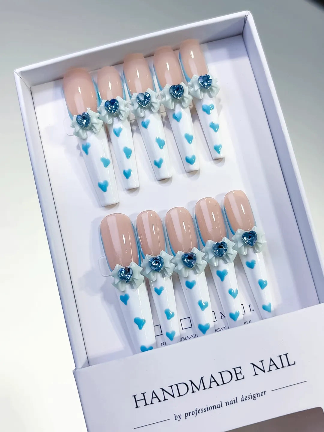 L105 - Long Nude White Coffin French tip Bow Flower