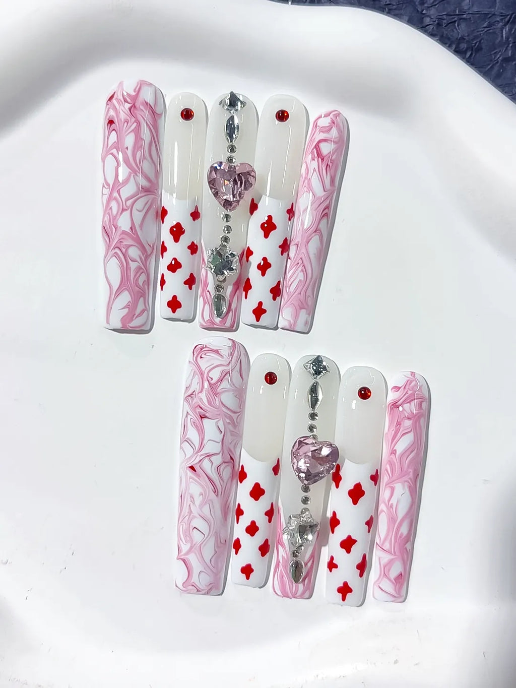 L106 - Long White Pink Square Abstract Heart Rhinestone
