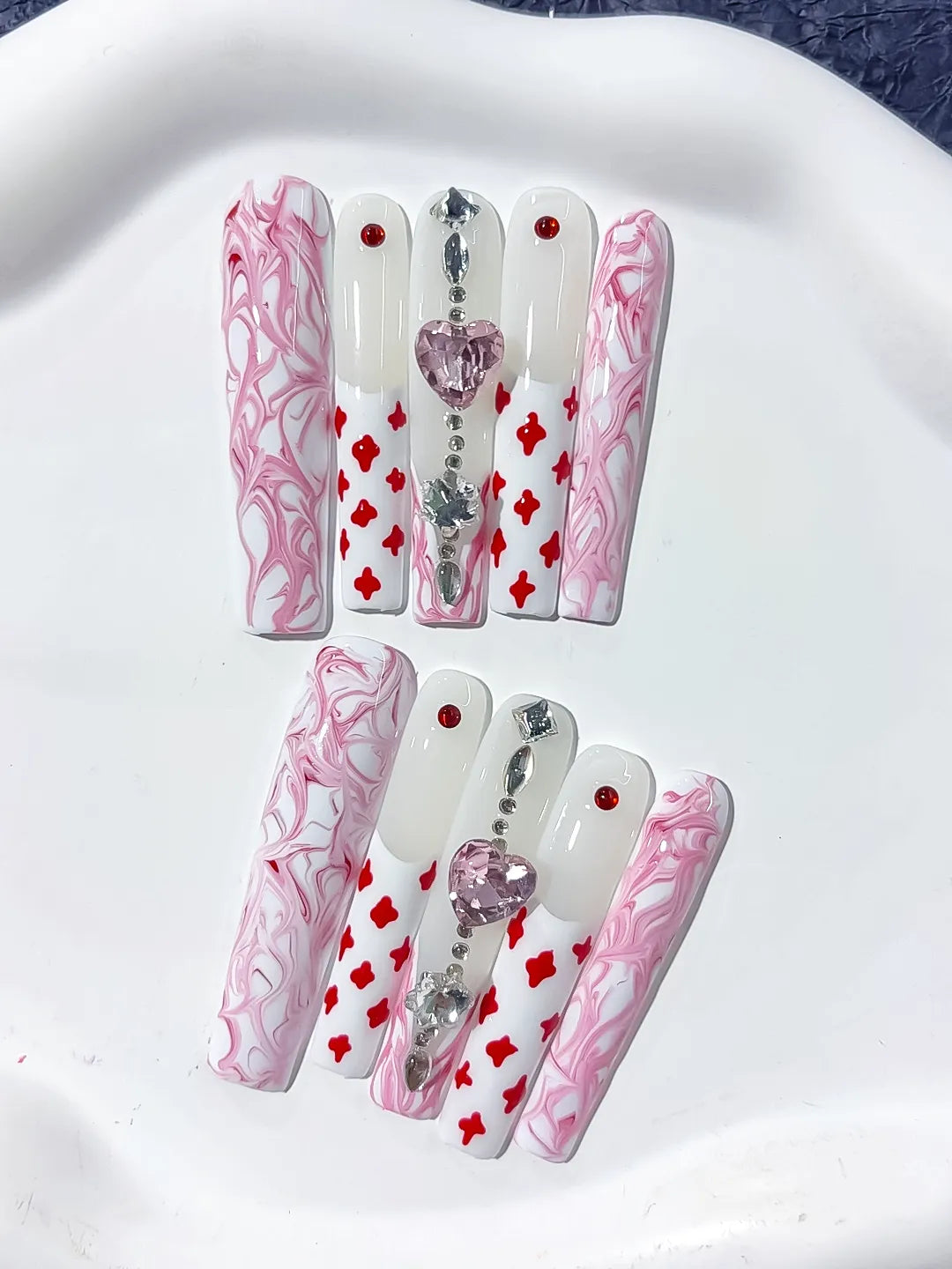 L106 - Long White Pink Square Abstract Heart Rhinestone