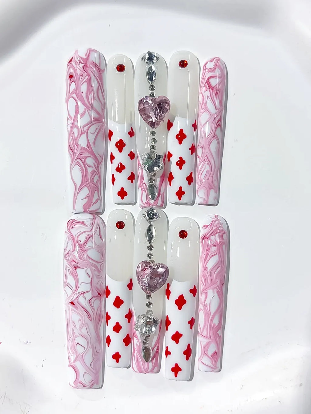 L106 - Long White Pink Square Abstract Heart Rhinestone