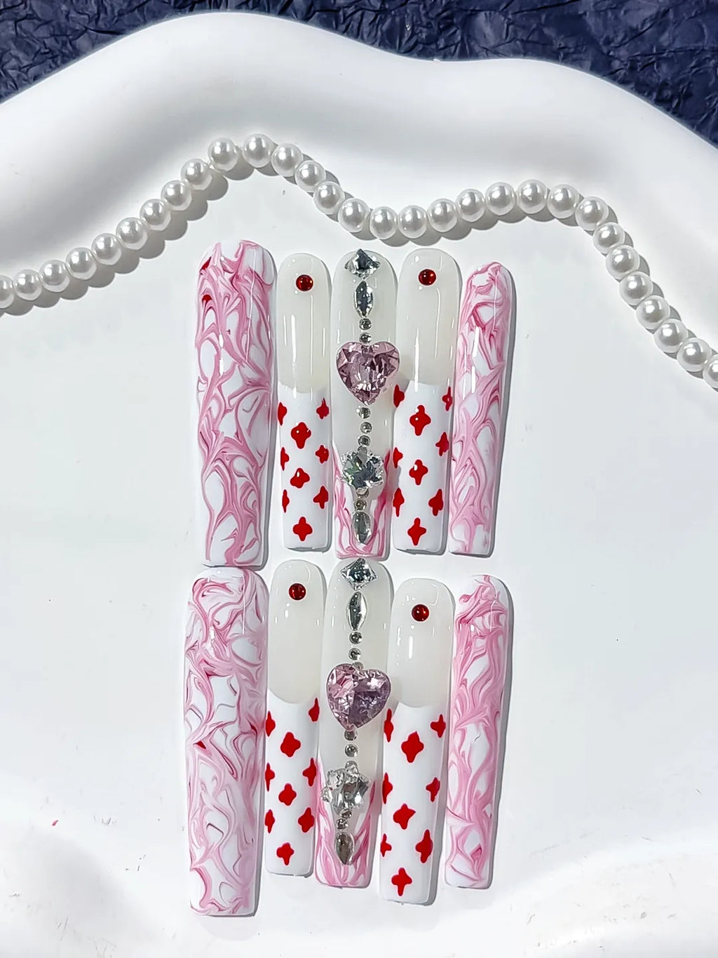 L106 - Long White Pink Square Abstract Heart Rhinestone