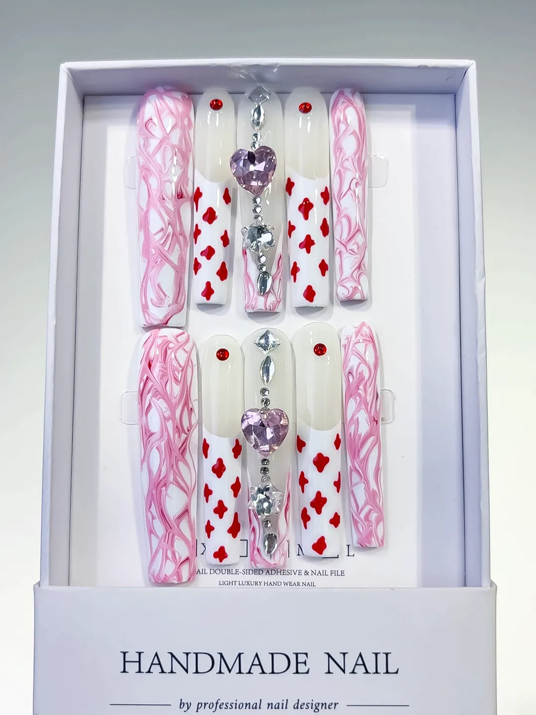 L106 - Long White Pink Square Abstract Heart Rhinestone