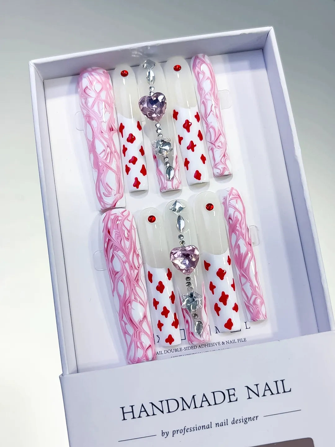 L106 - Long White Pink Square Abstract Heart Rhinestone