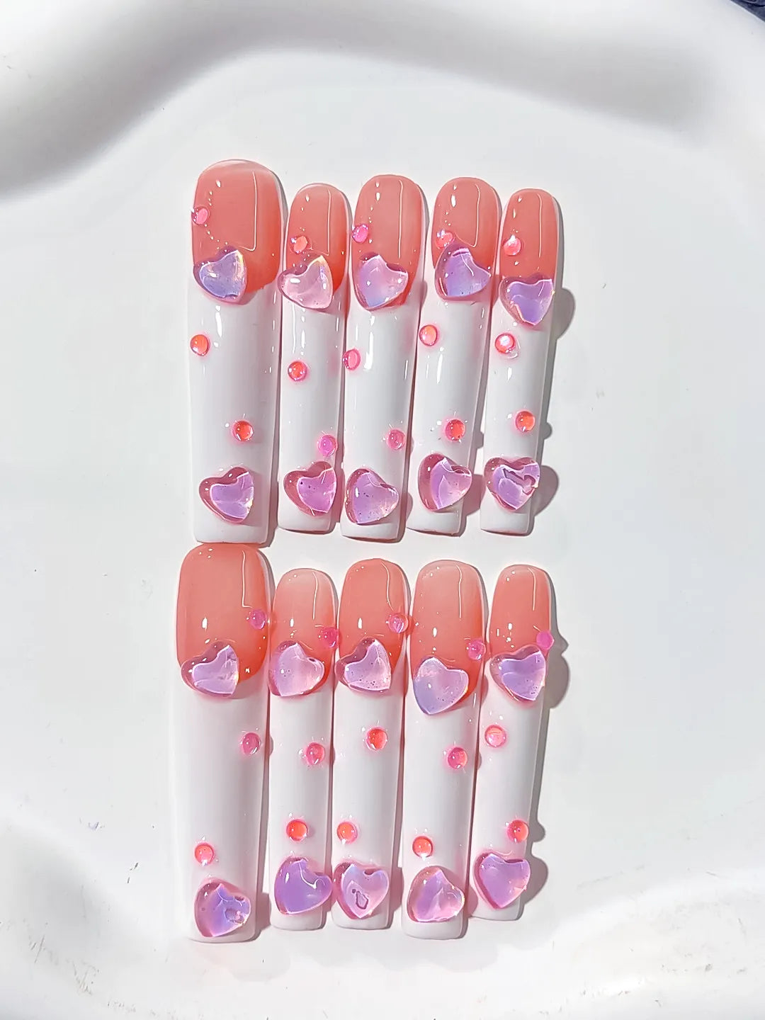 L107 - Long Pink White Square French tip Heart 3D