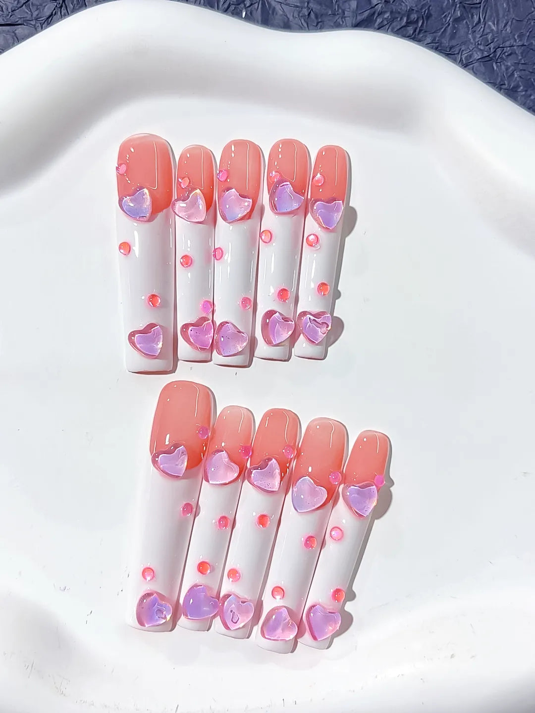 L107 - Long Pink White Square French tip Heart 3D