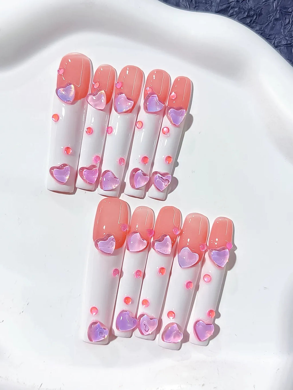 L107 - Long Pink White Square French tip Heart 3D