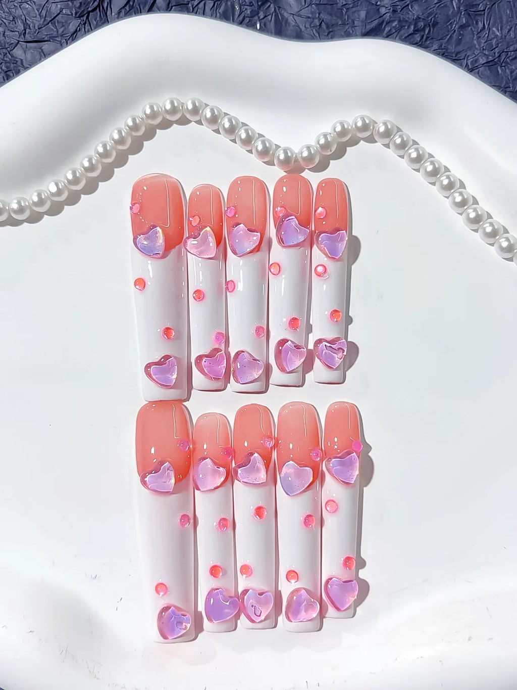 L107 - Long Pink White Square French tip Heart 3D