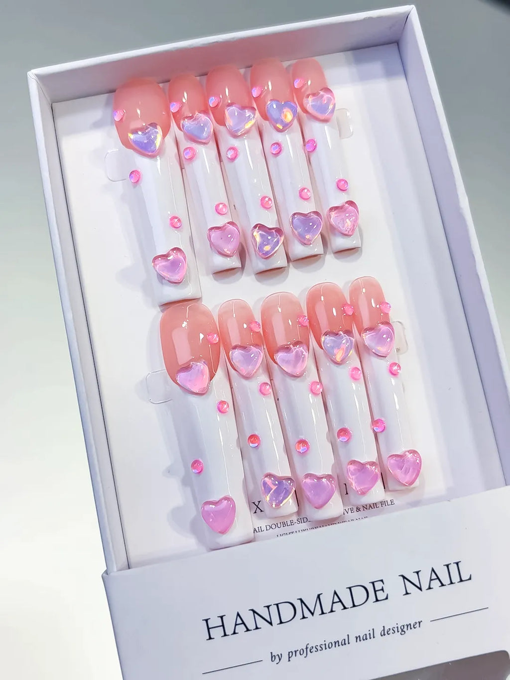 L107 - Long Pink White Square French tip Heart 3D