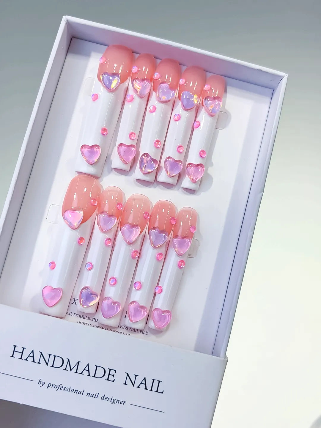 L107 - Long Pink White Square French tip Heart 3D