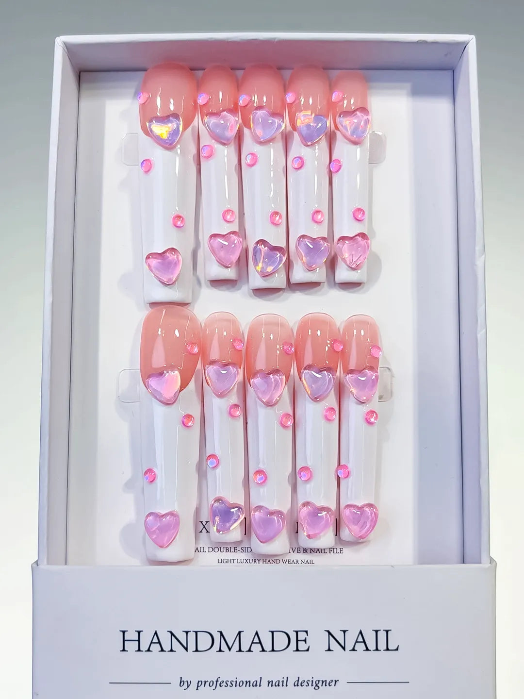 L107 - Long Pink White Square French tip Heart 3D