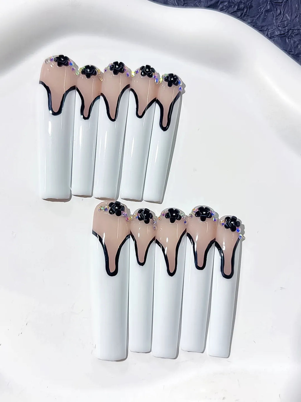 L108 - Long Nude White Square French tip Flower Rhinestone