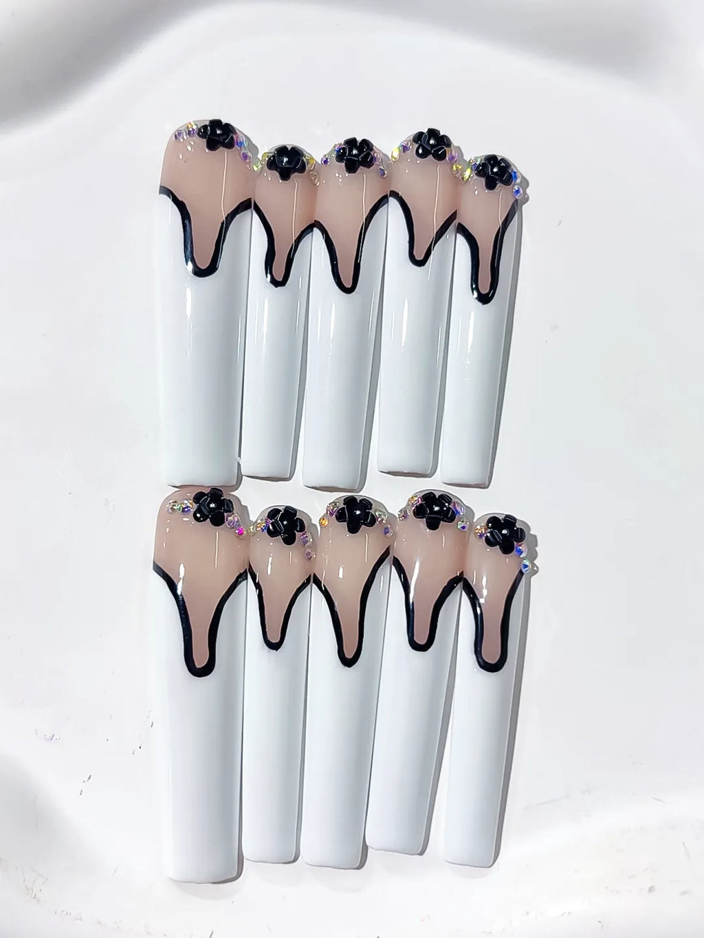 L108 - Long Nude White Square French tip Flower Rhinestone
