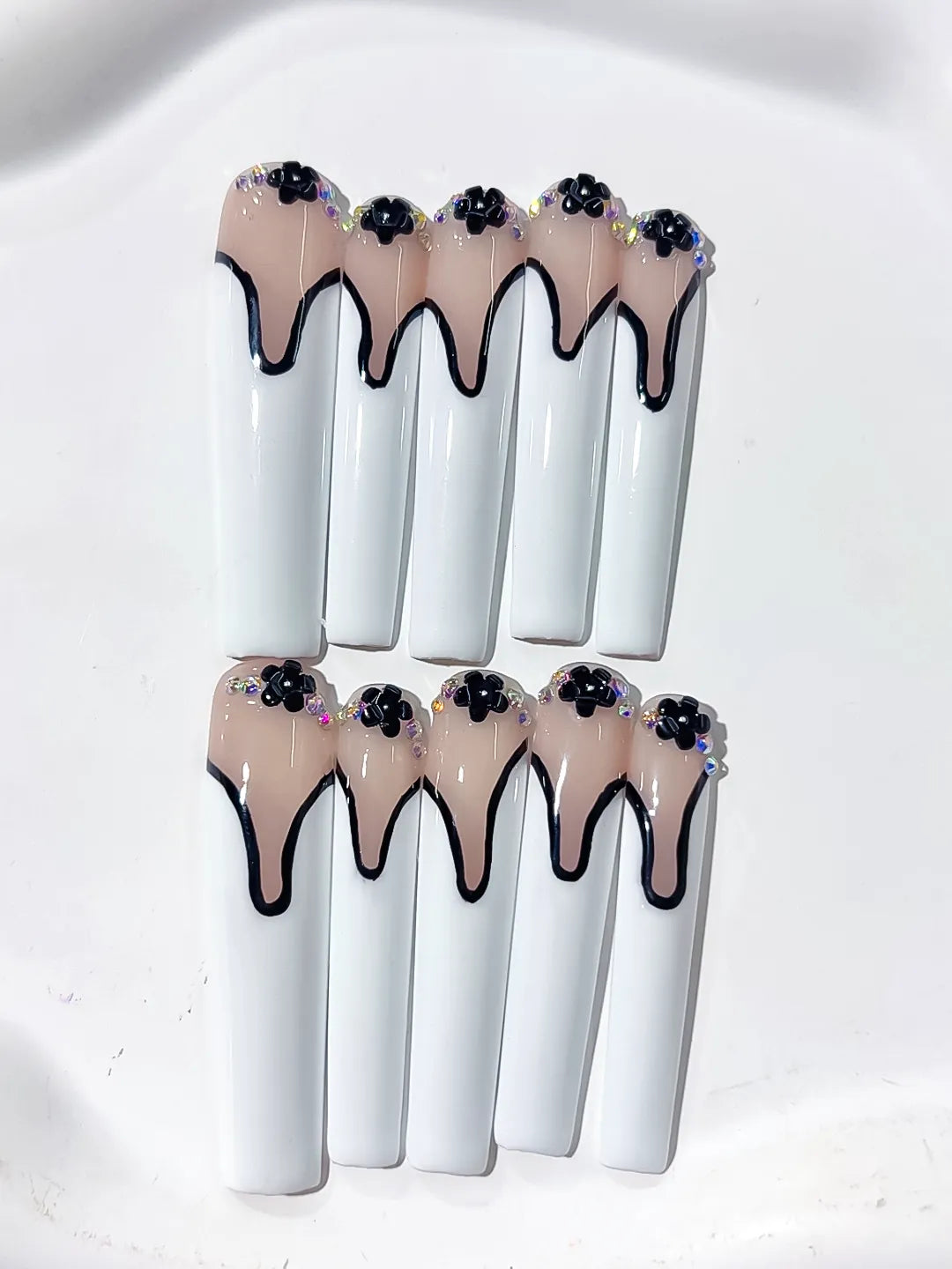 L108 - Long Nude White Square French tip Flower Rhinestone