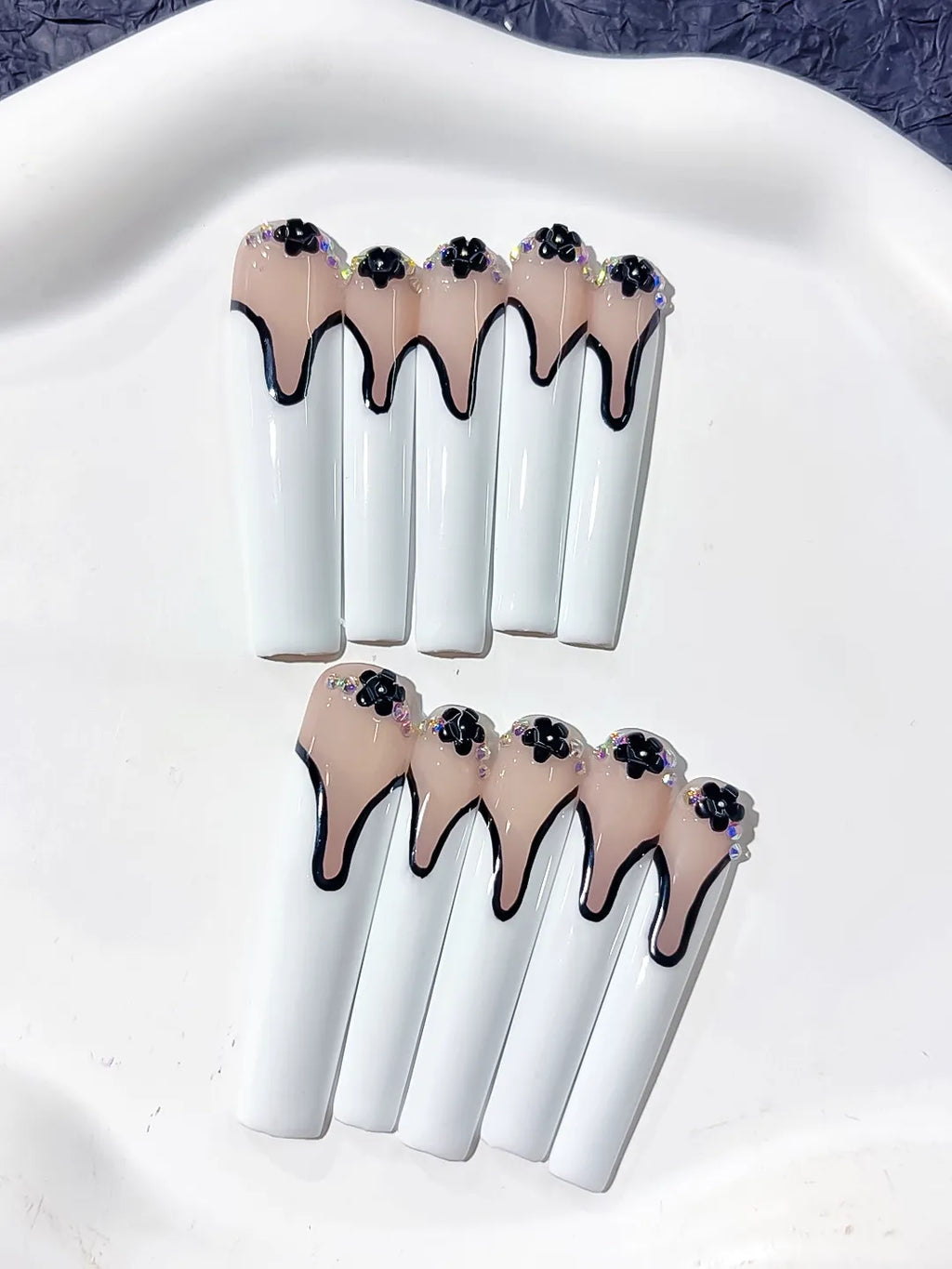 L108 - Long Nude White Square French tip Flower Rhinestone