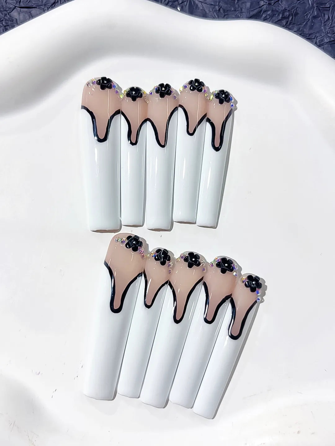 L108 - Long Nude White Square French tip Flower Rhinestone