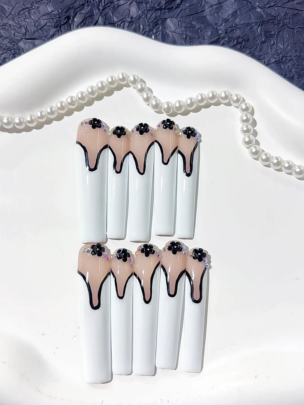 L108 - Long Nude White Square French tip Flower Rhinestone