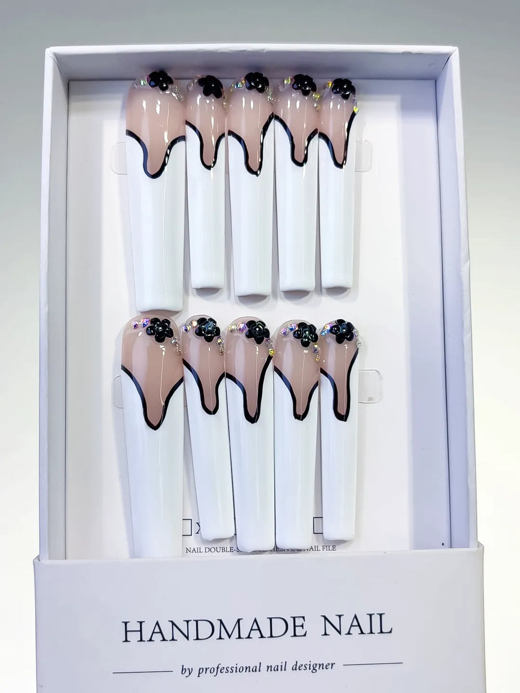 L108 - Long Nude White Square French tip Flower Rhinestone
