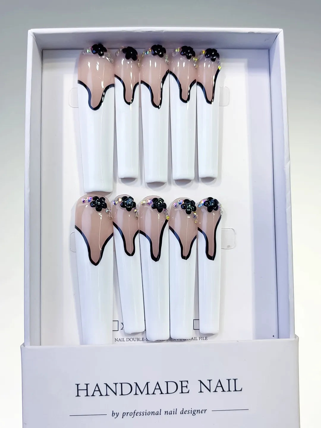 L108 - Long Nude White Square French tip Flower Rhinestone