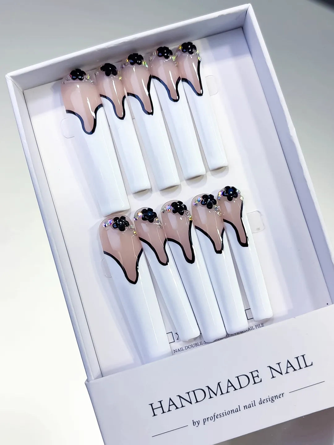 L108 - Long Nude White Square French tip Flower Rhinestone