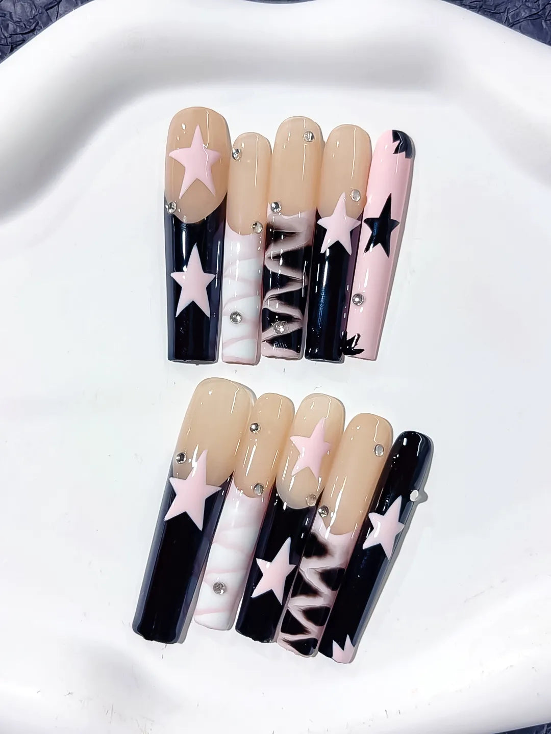 L110 - Long Nude White Square Abstract Star Rhinestone