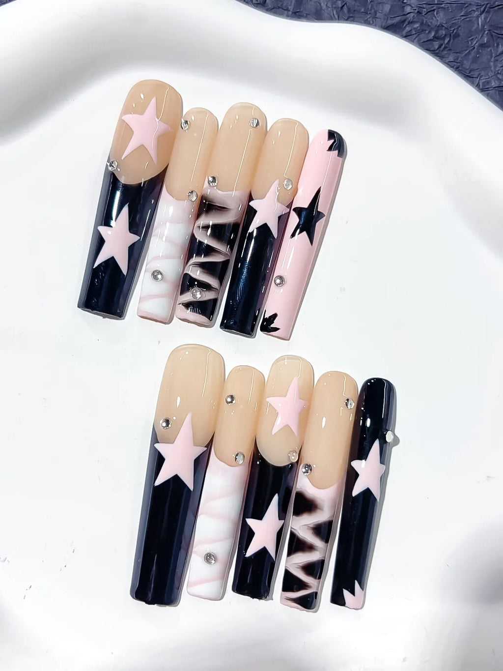 L110 - Long Nude White Square Abstract Star Rhinestone