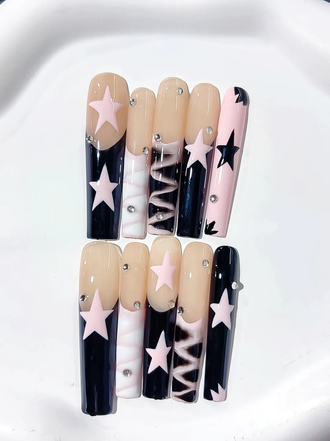 L110 - Long Nude White Square Abstract Star Rhinestone