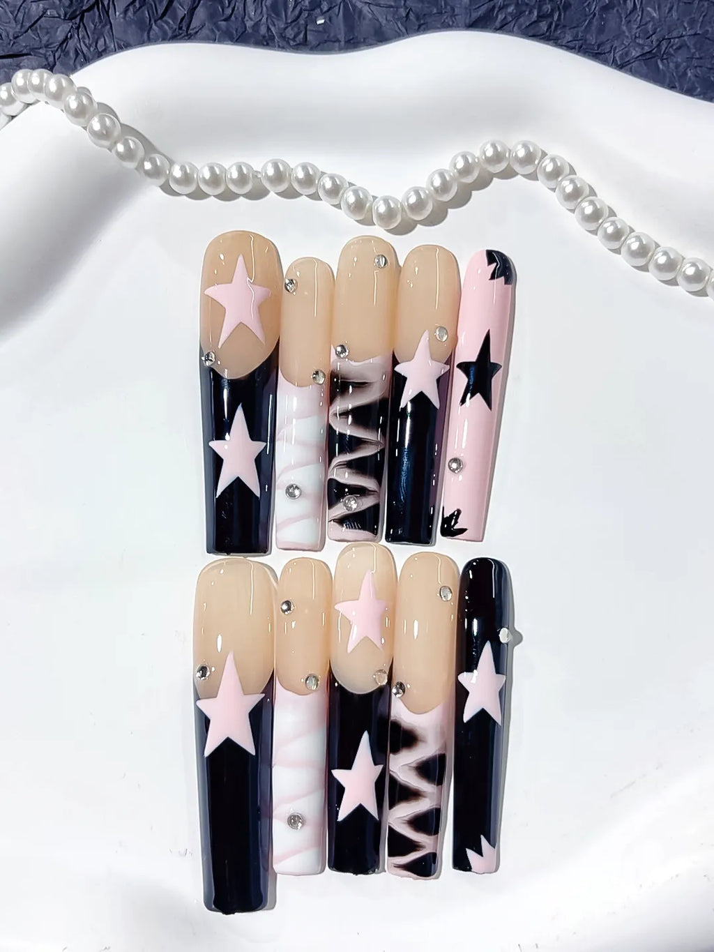 L110 - Long Nude White Square Abstract Star Rhinestone
