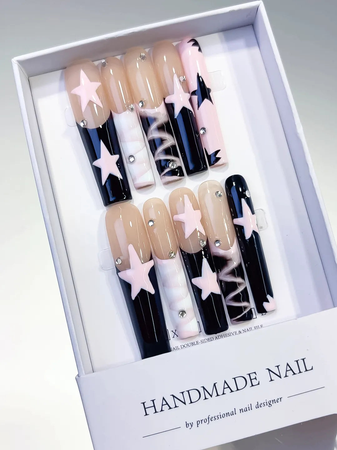 L110 - Long Nude White Square Abstract Star Rhinestone