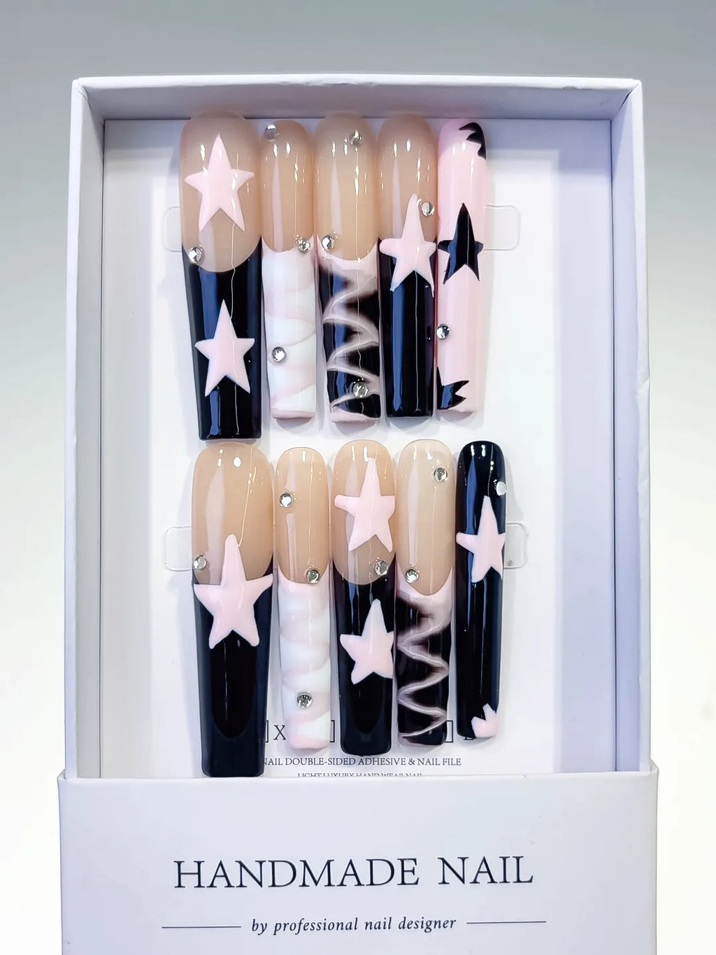 L110 - Long Nude White Square Abstract Star Rhinestone